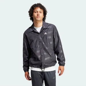 ADIDAS  BLACK EMBOSSED WOVEN COACHES JACKET SHIRT LIGHTWEIGHT ALL OVER s…